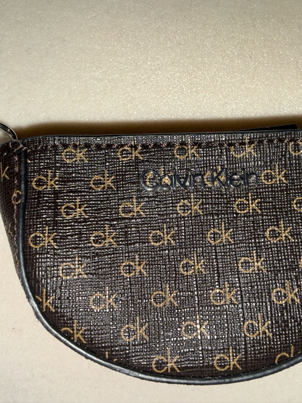 Calvin Klein Brown Logo Zip Key Pouch with Silver Hardware